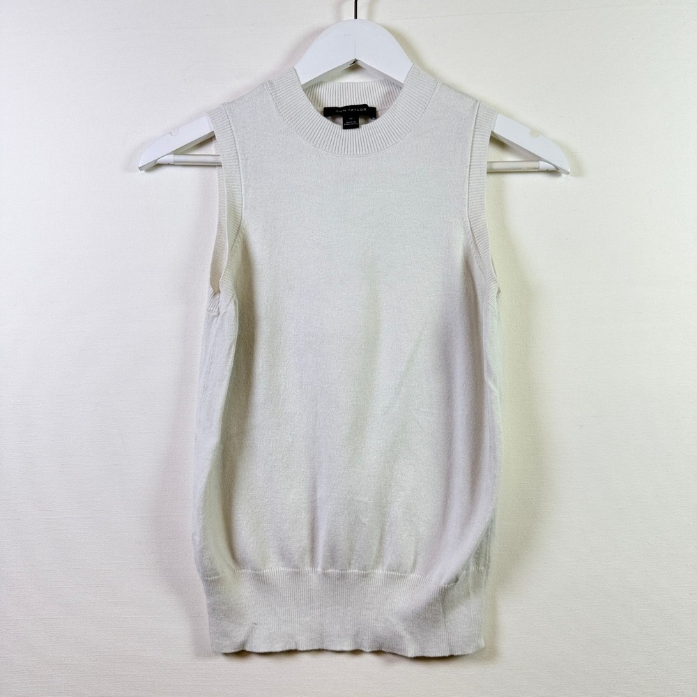 ANN TAYLOR White Sleeveless Crew Neck Ribbed Knit Sweater Shell Top SP